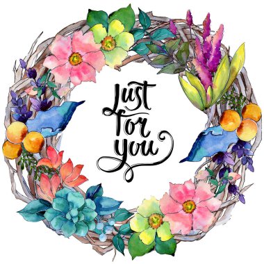 Tropikal çiçek çelenk suluboya tarzında.