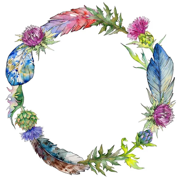 Kır çiçeği thistle çiçek çelenk suluboya tarzında.