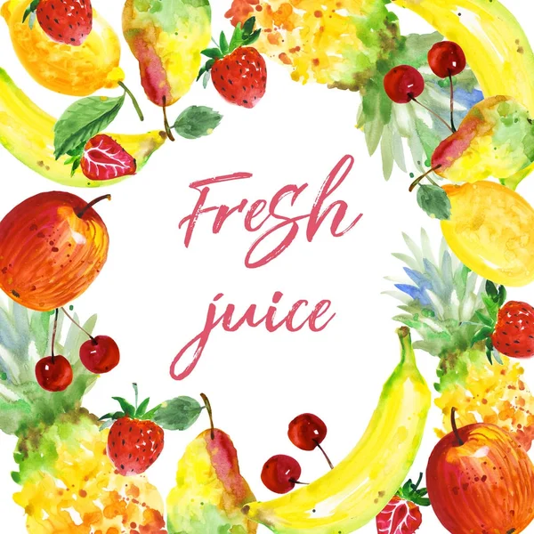 Egzotik kompozisyon yabani meyve çerçeve suluboya tarzında.