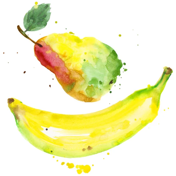 Egzotyczne, banana i gruszki dzikie owoce w stylu przypominającym akwarele na białym tle. — Zdjęcie stockowe