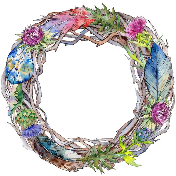 Kır çiçeği thistle çiçek çelenk suluboya tarzında.