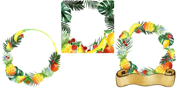 Exotic composition wild fruit wreath in a watercolor style. — Stock Photo, Image