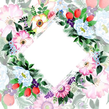Buket çiçek çerçeve suluboya tarzında.