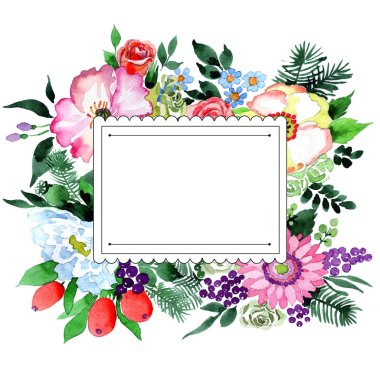 Buket çiçek çerçeve suluboya tarzında.