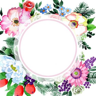 Buket çiçek çerçeve suluboya tarzında.