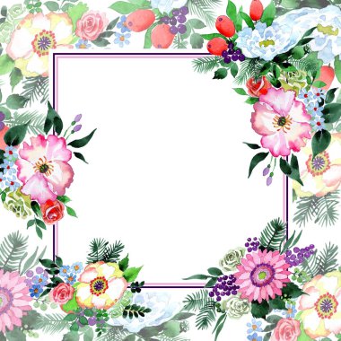 Buket çiçek çerçeve suluboya tarzında.