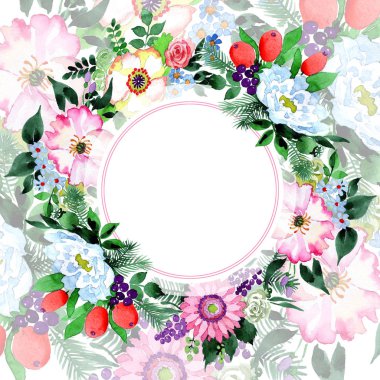 Buket çiçek çerçeve suluboya tarzında.