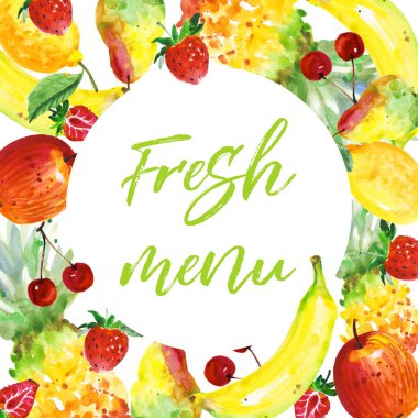 Egzotik kompozisyon yabani meyve çerçeve suluboya tarzında.