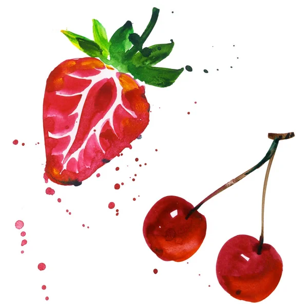 Fraise exotique et cerise fruits sauvages dans un style aquarelle isolé . — Photo