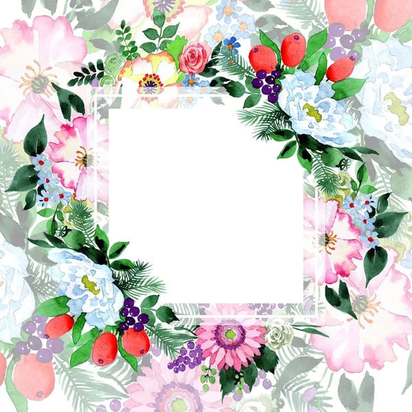 Buket çiçek çerçeve suluboya tarzında.