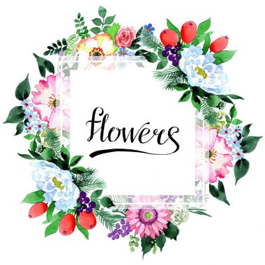 Buket çiçek çerçeve suluboya tarzında.