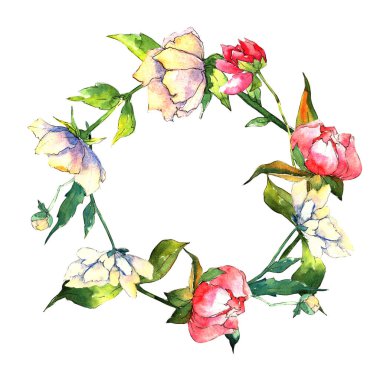 Kır çiçeği peony çiçek çelenk suluboya tarzında.
