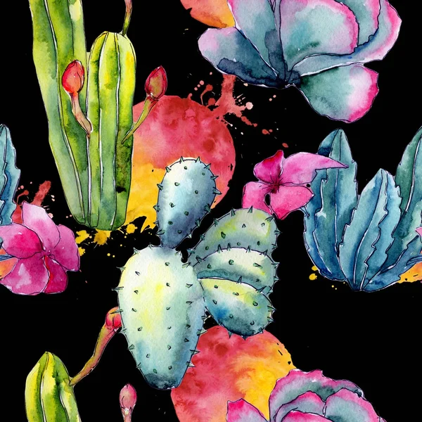 Exotic wildflower cactus pattern in a watercolor style.