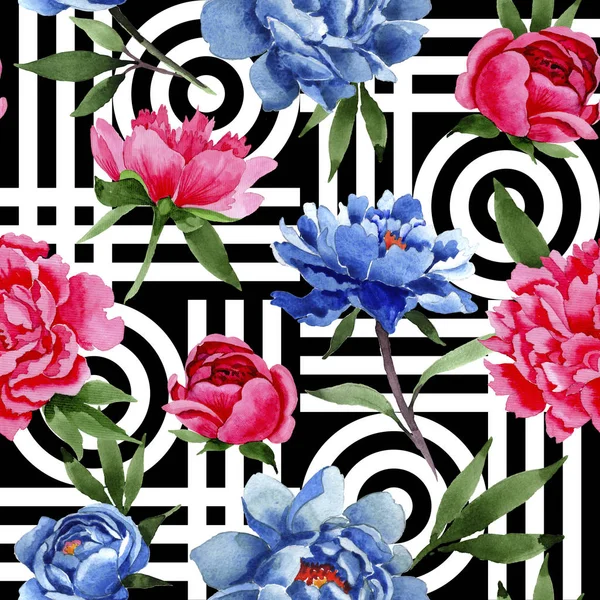 Flor silvestre peonías rojas y azules patrón de flores en un estilo de acuarela . —  Fotos de Stock