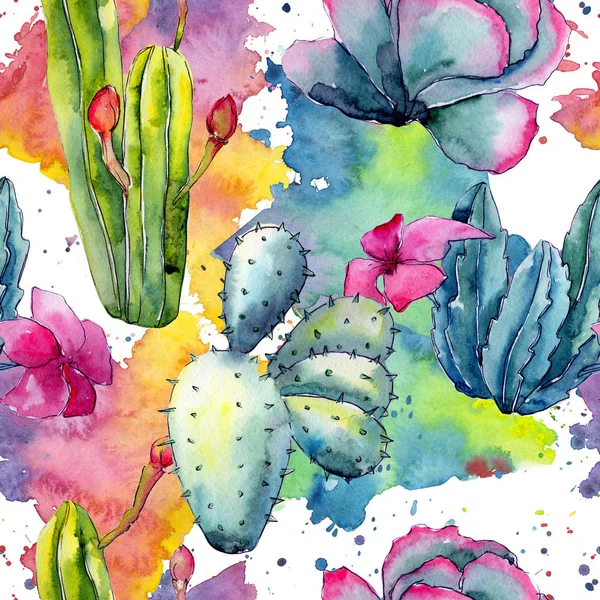 Exotic wildflower cactus pattern in a watercolor style.
