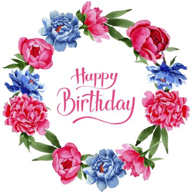 Kır çiçeği kırmızı ve mavi peonies çiçek çelenk suluboya tarzında.