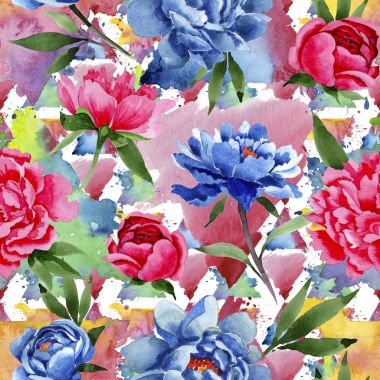 Kır çiçeği kırmızı ve mavi peonies çiçek desen bir suluboya tarzında.