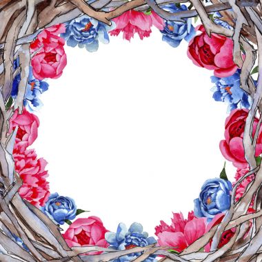 Kır çiçeği kırmızı ve mavi bir suluboya tarzında peonies çiçekli çerçeve.