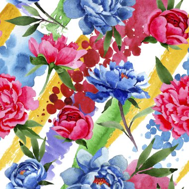 Kır çiçeği kırmızı ve mavi peonies çiçek desen bir suluboya tarzında.