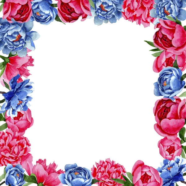 Wildflower red and blue peonies flowers frame in a watercolor style. — Stock Photo, Image