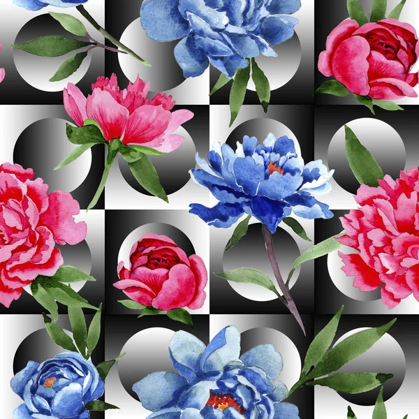 Wildflower red and blue peonies flowers pattern in a watercolor style. — Stock Photo, Image