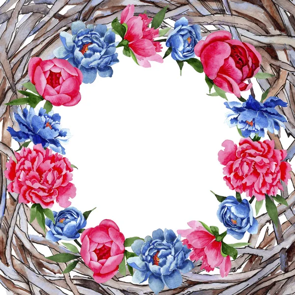 Flores de peônias vermelhas e azuis de flores silvestres enquadram em um estilo aquarela . — Fotografia de Stock