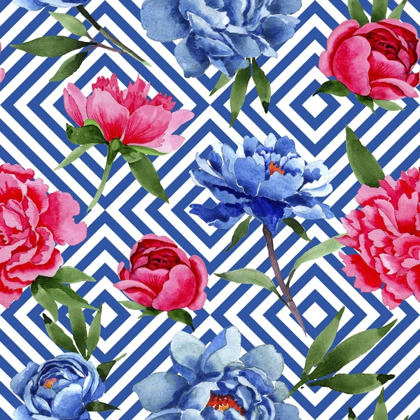 Wildflower vermelho e azul peônias flores padrão em um estilo aquarela . — Fotografia de Stock