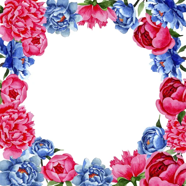 Wildflower red and blue peonies flowers frame in a watercolor style. — Stock Photo, Image