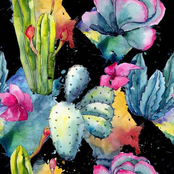 水彩風のエキゾチックな野生の花サボテン パターン. — ストック写真