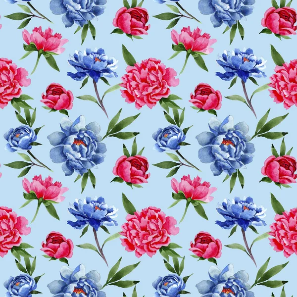 Wildflower red and blue peonies flowers pattern in a watercolor style.