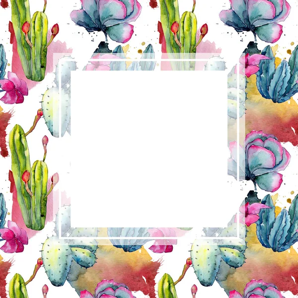 Exotische wildflower cactus frame in een aquarel stijl. — Stockfoto