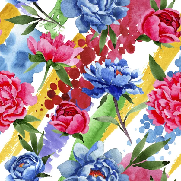 Wildblumen rote und blaue Pfingstrosen Blumenmuster im Aquarell-Stil. — Stockfoto