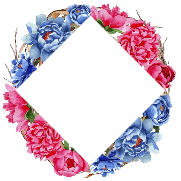 Wildflower red and blue peonies flowers frame in a watercolor style. — Stock Photo, Image