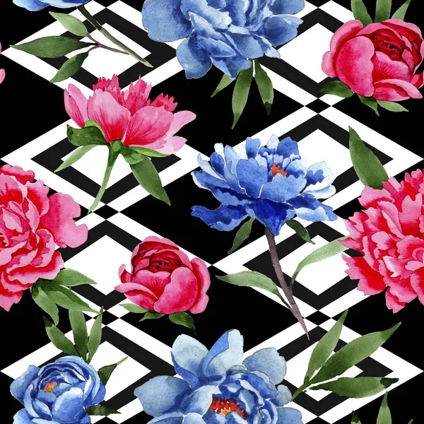 Flor silvestre peonías rojas y azules patrón de flores en un estilo de acuarela . — Foto de Stock