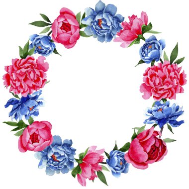 Kır çiçeği kırmızı ve mavi peonies çiçek çelenk suluboya tarzında.