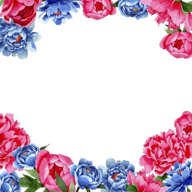 Kır çiçeği kırmızı ve mavi bir suluboya tarzında peonies çiçekli çerçeve.