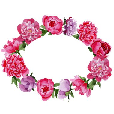 Kır çiçeği kırmızı ve mavi peonies çiçek çelenk suluboya tarzında.