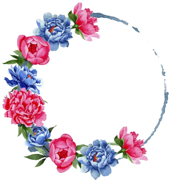 Wildflower red and blue peonies flowers wreath in a watercolor style. — Stock Photo, Image