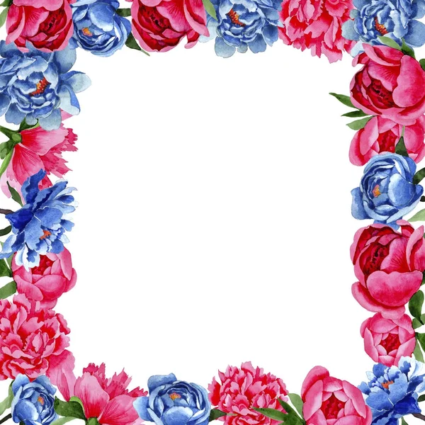 Cadre de fleurs de pivoines rouges et bleues de fleurs sauvages dans un style aquarelle . — Photo