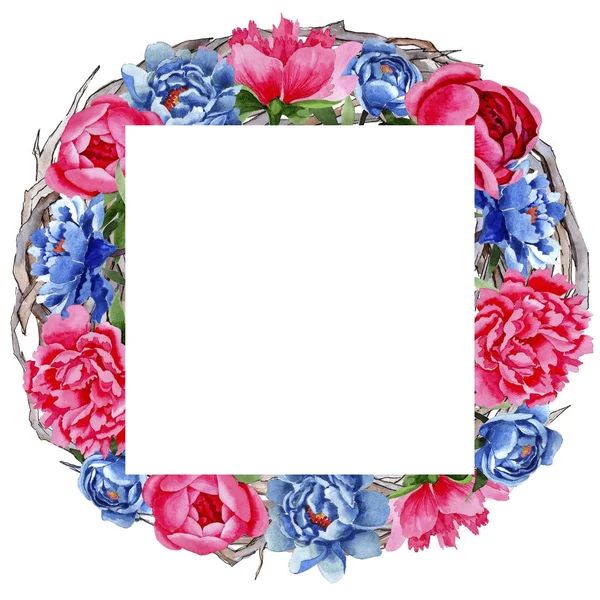 Couronne de fleurs de pivoines rouges et bleues de fleurs sauvages dans un style aquarelle . — Photo