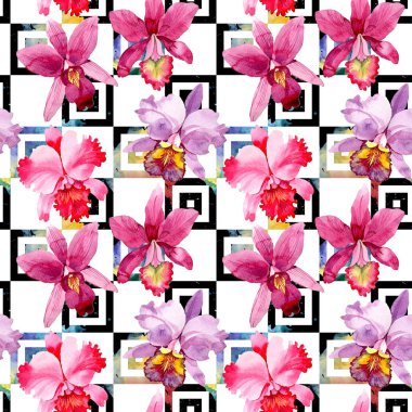 Kır çiçeği pembe orkide çiçek deseni suluboya tarzında.