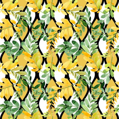 Bir elinde akasya deseninin sonbahar yaprak suluboya tarzı çizilmiş.