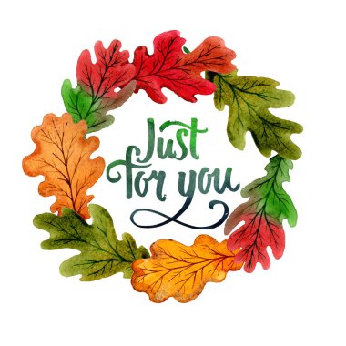 Bir elinde meşe çelengi sonbahar yaprak suluboya tarzı çizilmiş.