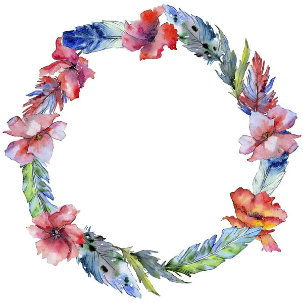 Watercolor bird feather wreath from wing. — Stock Photo, Image