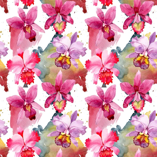 Kır çiçeği pembe orkide çiçek deseni suluboya tarzında. — Stok fotoğraf