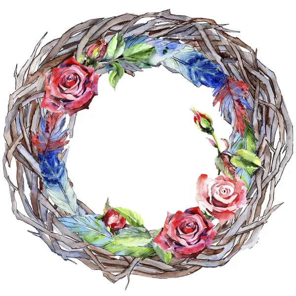 Watercolor bird feather wreath from wing. — Stock Photo, Image