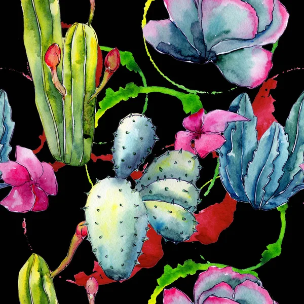Exotické wildflower kaktus vzor ve stylu akvarelu. — Stock fotografie