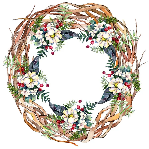 Forest twig branches wreath in a hand drawn watercolor style. — Stock Photo, Image