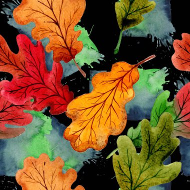 Bir elinde meşe deseninin sonbahar yaprak suluboya tarzı çizilmiş.