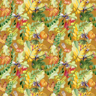 Bir elinde akasya deseninin sonbahar yaprak suluboya tarzı çizilmiş.